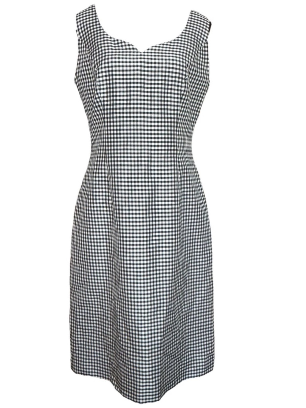 Zinnia Thai Silk Gingham Wiggle Dress Black White Plaid Sheath *M Rockabilly